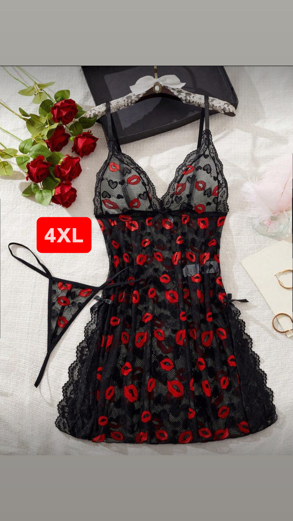 Babydoll negro y besos 4XL