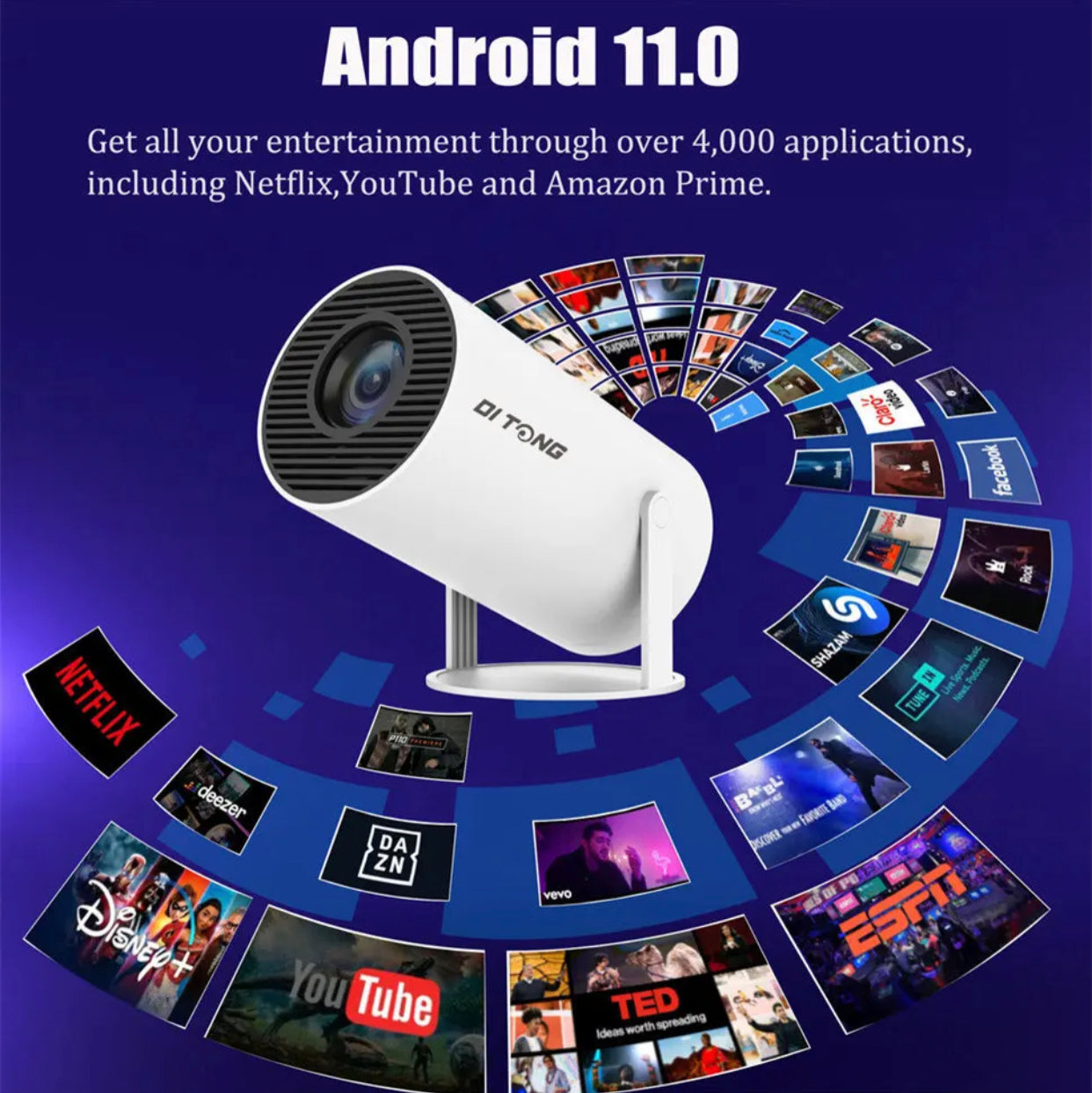 DITONG-Proyector HY300 Plus HD portátil, 4K, 1280x720P, Android 11, Wifi6, LED, vídeo, cine en casa, mini Proyector de películas + pantalla reflectiva 133’’