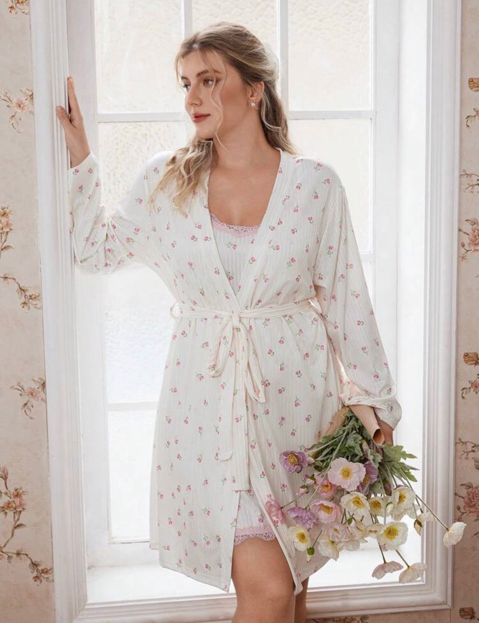 Camisón + bata beige y rosa 3XL