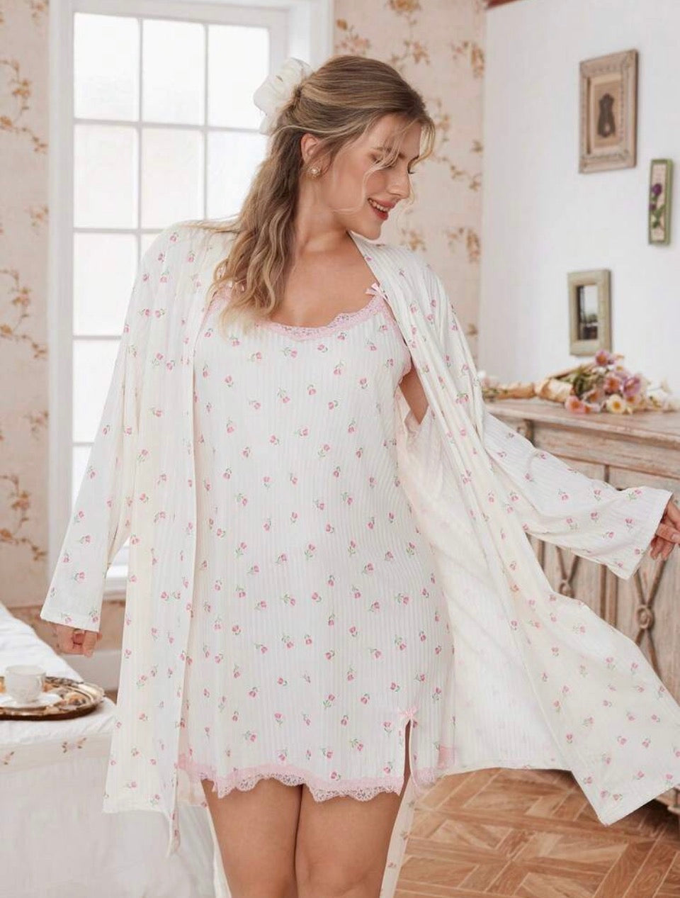 Camisón + bata beige y rosa 3XL
